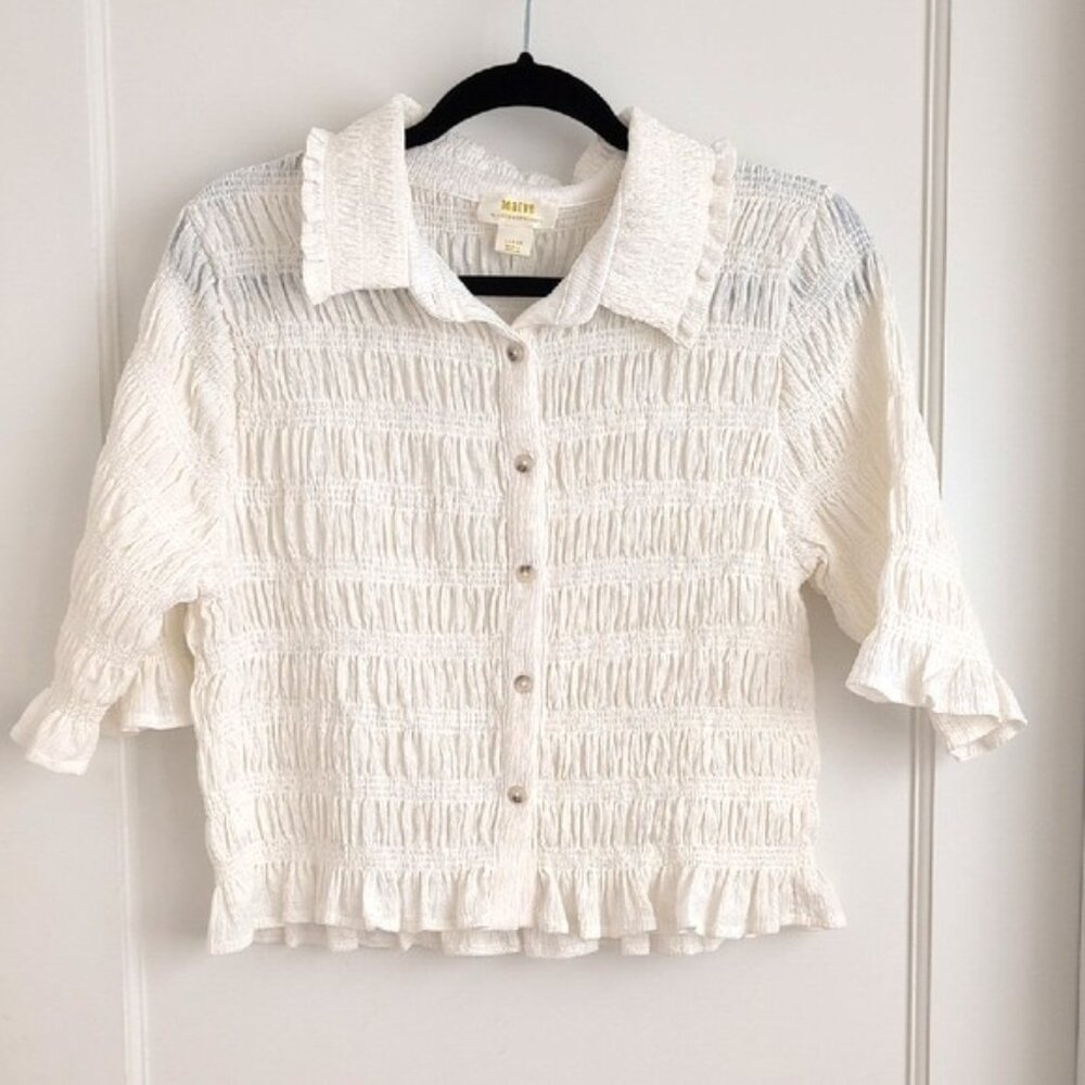 Maeve by Anthropologie Cream Button Down Smocked Blouse Lg GUC